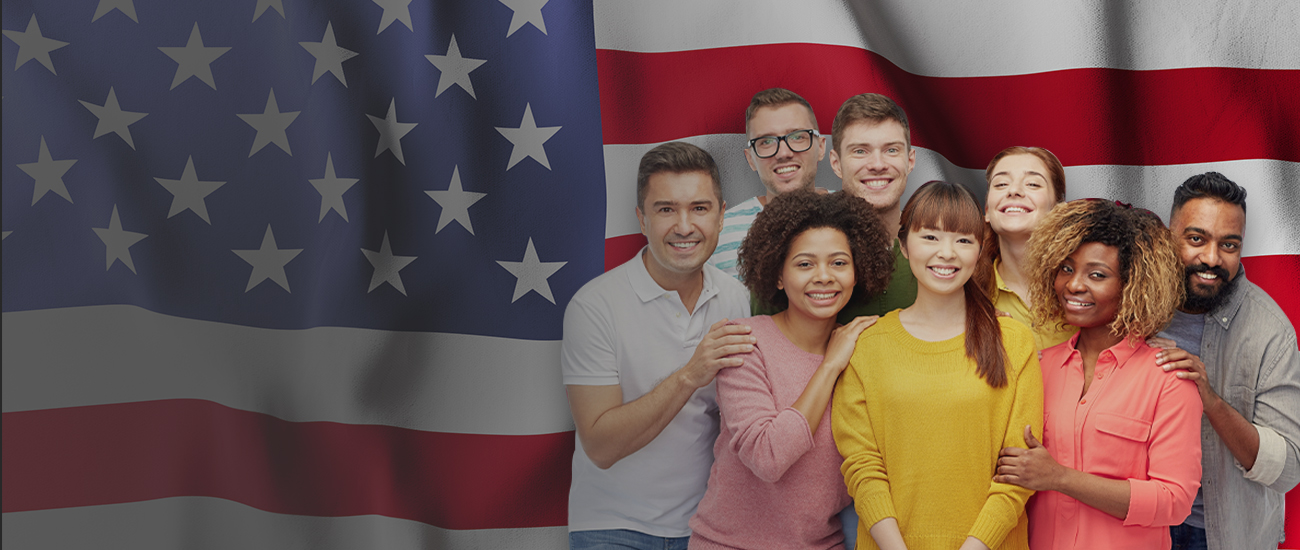 US flag with diversity of people